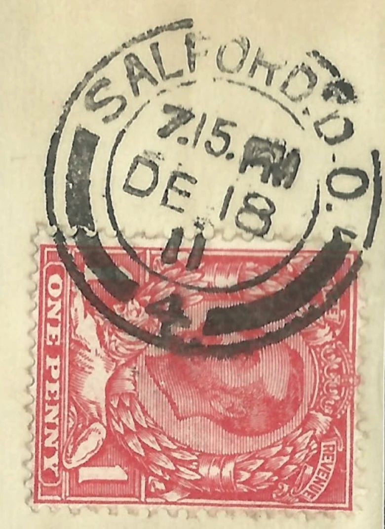 Postmark of Salford DO 4 Numeral Double Circle Single Arc 1911